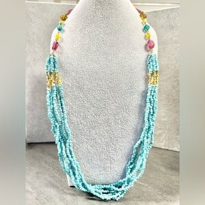 Mix It Long Multi Strand Turquoise Colored Stones And Glass Beaded Necklace